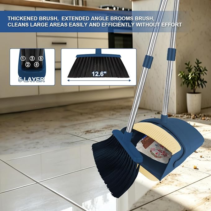 Broom and Dustpan Set, 51" Long Handle Broom with Mini Set Navy Blue | Mini Set for Tables, Kitchens & Tight Spaces, Built-in Comb Dustpan, Foldable Space-Saving Storage, Multi-Surface Use - Image 7