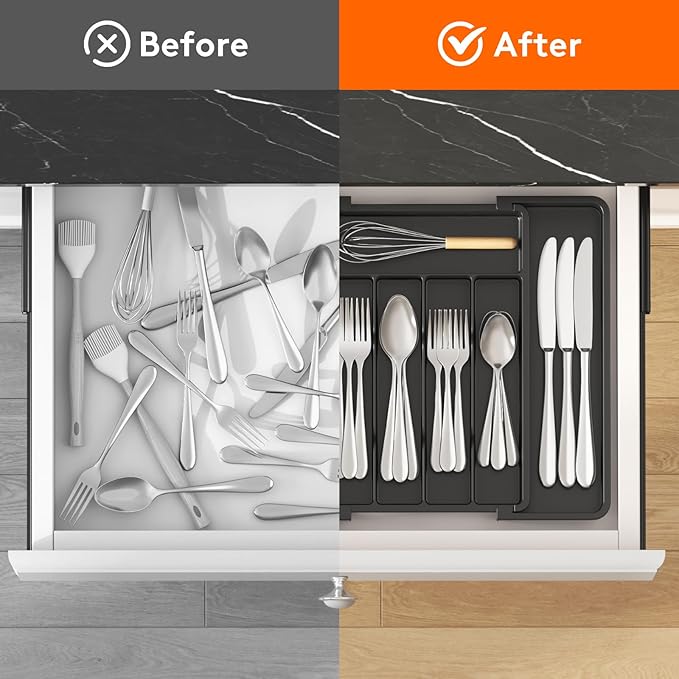 Lifewit Expandable Silverware Drawer Organizer, Kitchen Utensil Tray | BPA-free Plastic Flatware Cutlery Holder, Space-Saving Storage for Spoons Forks Knives, 8-13.8 x 11.2 x 1.4“, Black - Image 4