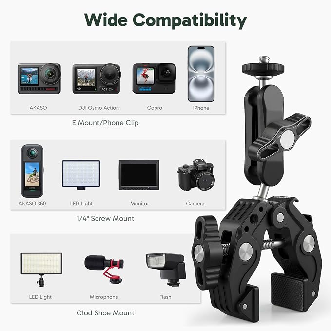 AKASO Camera Super Clamp Mount with Phone Clip Dual Ballhead Magic Arm | Clamp Mount with Cold Shoe for GoPro, Insta360, DJI Action, Osmo 360, EK7000/EK7000 Pro, Brave 4, Brave 7 LE Action Cameras - Image 7