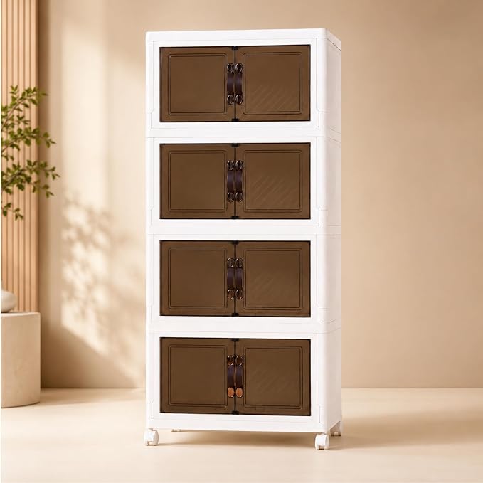 4 Tier Stackable Storage Bins with Lids, Total 144QT (4x36QT) Foldable Closet Organizer with Wheels, Collapsible Plastic Storage Boxes for Clothes, Toys, Kitchen, Office, and Dorm Room by Durvex