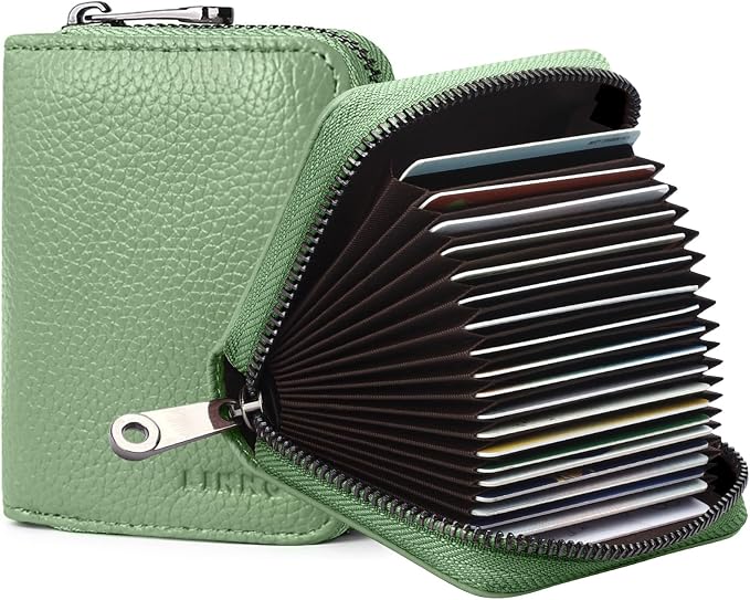 Linno RFID 20 Slots Credit Card Holder Genuine Leather Small Wallet for Women or Men with Zipper by Linno