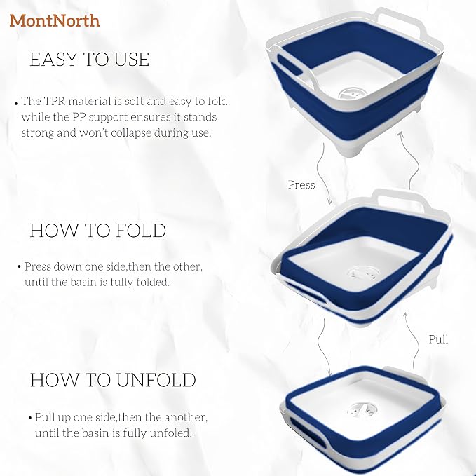 Collapsible Wash Basin 9L, Foldable Dish Tub with Drain Plug, Portable Collapsible Dish Basin, Camping Sink for Washing Dishes, Laundry & Kitchen Use (Navy Blue) - Image 3