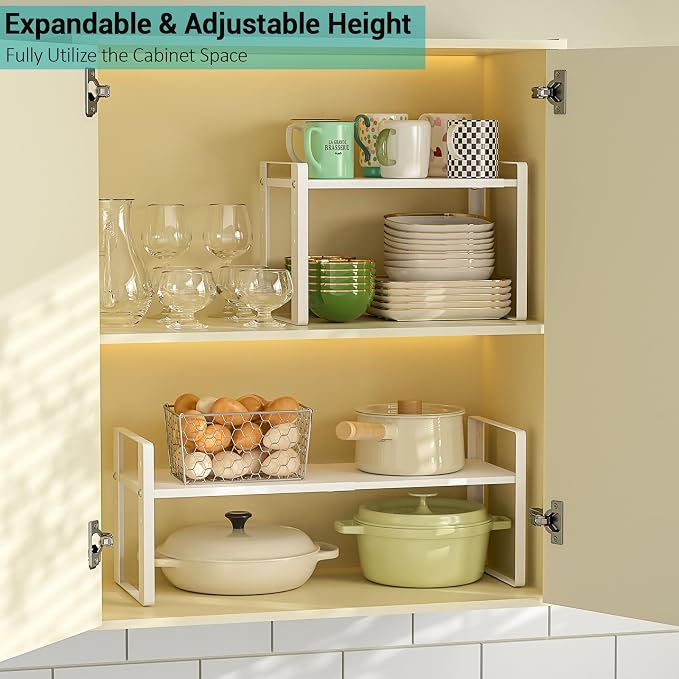 2 Pack Expandable Cabinet Organizer Shelves, 88lbs High Weight Capacity, Stackable Heavy-Duty Metal Storage Rack, Adjustable Cabinet Shelf for Kitchen, Pantry, Cupboard, Under Sink, White - Image 4