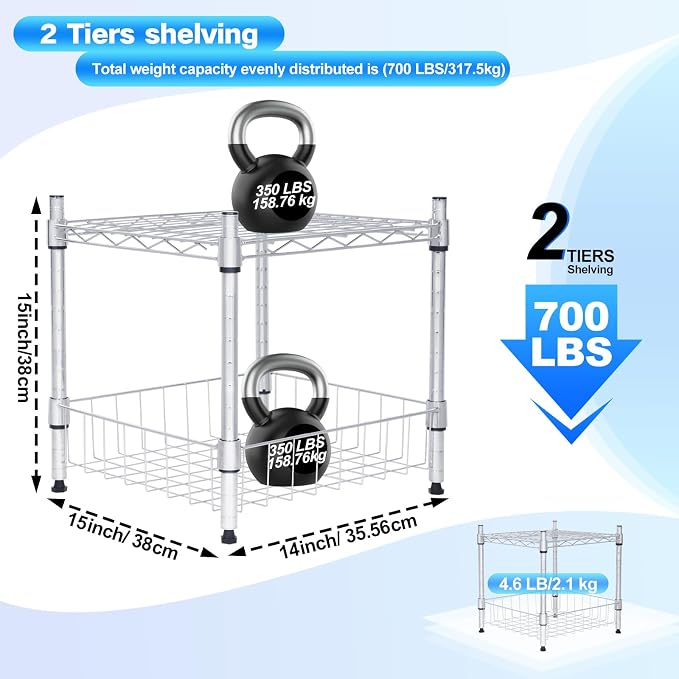 Whitmor 2 Tier Metal Storage Shelves, Heavy Duty Shelf with Basket, 350 lbs Capacity per Shelf, 700 lbs Total, Home Organizer for Kitchen, Garage, Bathroom, 15" L x 14" W x 15" H, Chrome - Image 2