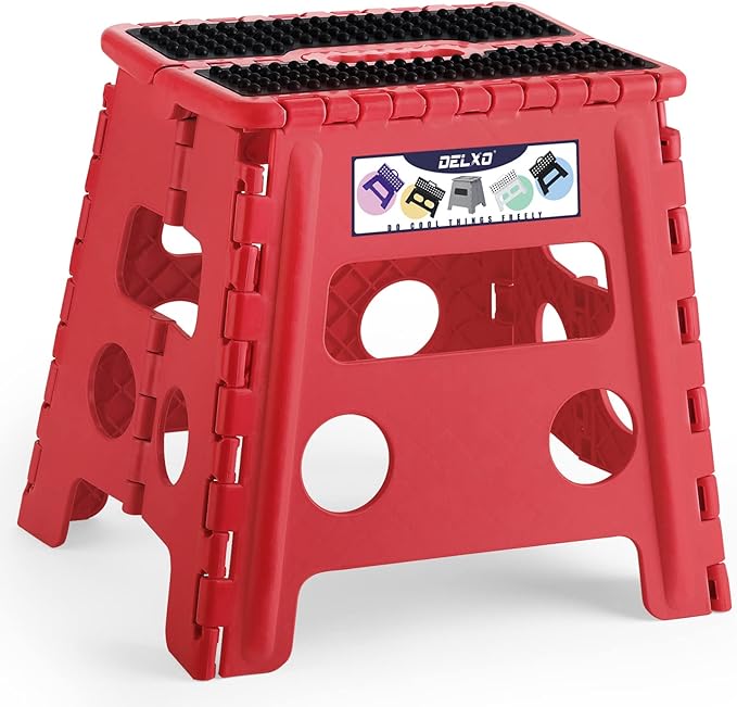 Delxo Folding Step Stool 13 Inch,300 Lbs Step Stool for Adults Red | Foldable Step Stool 13",Non-Slip Foot Stools with Handle,Lightweight Collapsible stools for Kitchen,Bathroom,Bedroom,Garden by Delxo