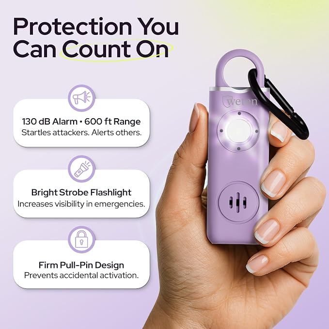 Rechargeable Personal Alarm Keychain for Women, 130dB Siren, Lavender | LED Light, Carabiner Clip, Low Battery Alert, USB-C Charging, TSA Safe Self Defense Whistle Alternative - Image 2