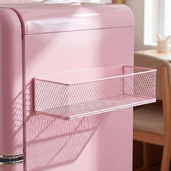 FoldTier 1 Pack Pink Magnetic Basket Dorm Mini Fridge Shelf Organizer Kitchen Storage Bin Container Spice Holder for Locker Refrigerator Pantry Dorm Essentials (13.8 x 3.1 x 4.9 Inch) by FoldTier