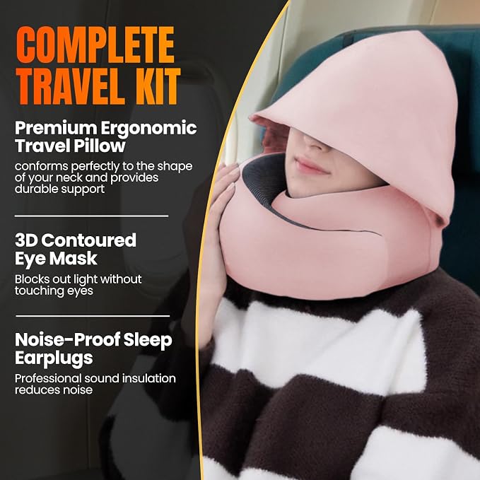LOEXAIR™ Hooded Pro Travel Pillow - Memory Foam Neck Support Pillow for Airplane, Flight - Super-Soft Pure Cotton Fabric, Maximum Privacy & Light-Block Design, Lightweight Full Travel Kit- Sakura Pink - Image 5