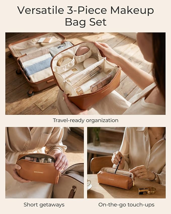 BAGSMART Makeup Bag Travel 3 Pcs Set Cosmetic Bag,Toiletry Bag,Camel | 3 Pcs Set Large Make Up Bag Flat Open for Women, PU Leather Travel Essentials Organizer, Wide-open Pouch for Skincare,Brushes - Image 3