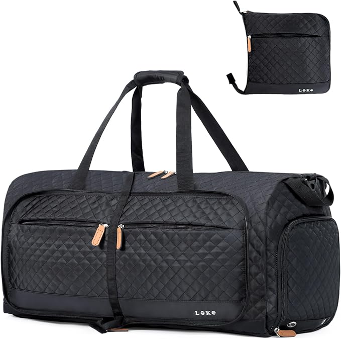 Lekesky Foldable Travel Duffel Bag for Women, 80L Large Duffle Bag with Separate Shoes Compartments & Straps, Carry On Weekend Bag for Women, Hospital, Overnight(Black Quilted) by LEKESKY
