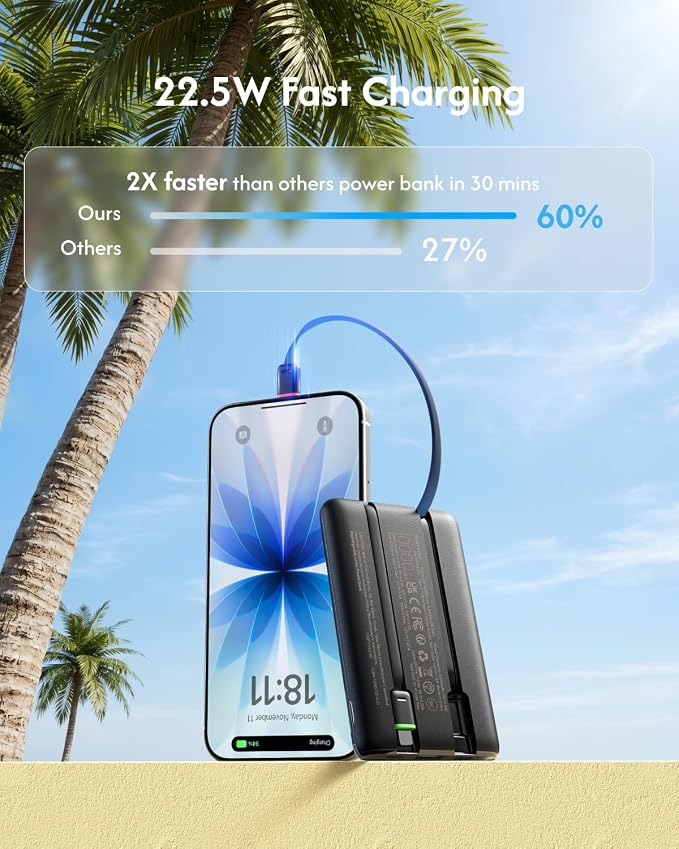 VEGER 10000mAh 22.5W Fast Charging Portable Charger with Built-in Cables | 0.4lb Slim USB C Power Bank, Small Battery Pack for iPhone 17/16/15/14/13 iPad Samsung, Flight Safe, Travel Essential, Black - Image 3