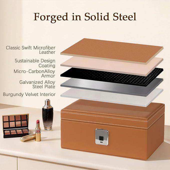 Jewelry Safe, Biometric Fingerprint Safe, Leather Wrapped Jewelry Box with Lock & Mirror, Ultra-Lightweight Jewelry Box Suitable for Home Use & On-the-Go(Three-Tier Brown) - Image 4
