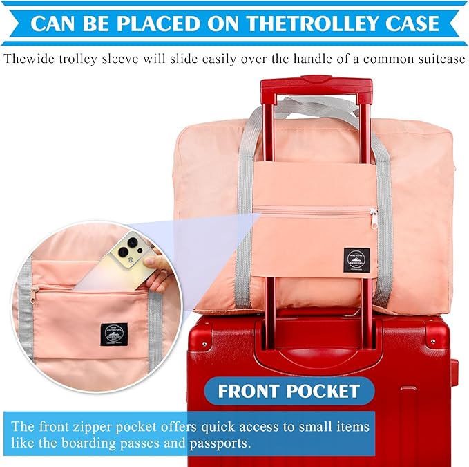 Foldable Travel Duffel Bag 2PCS Tote Carry on Luggage Bag Spirit Airlines Personal item Sports Gym Bag Water Resistant Weekender Overnight Bags for Women and Men (Pink+Blue) - Image 3