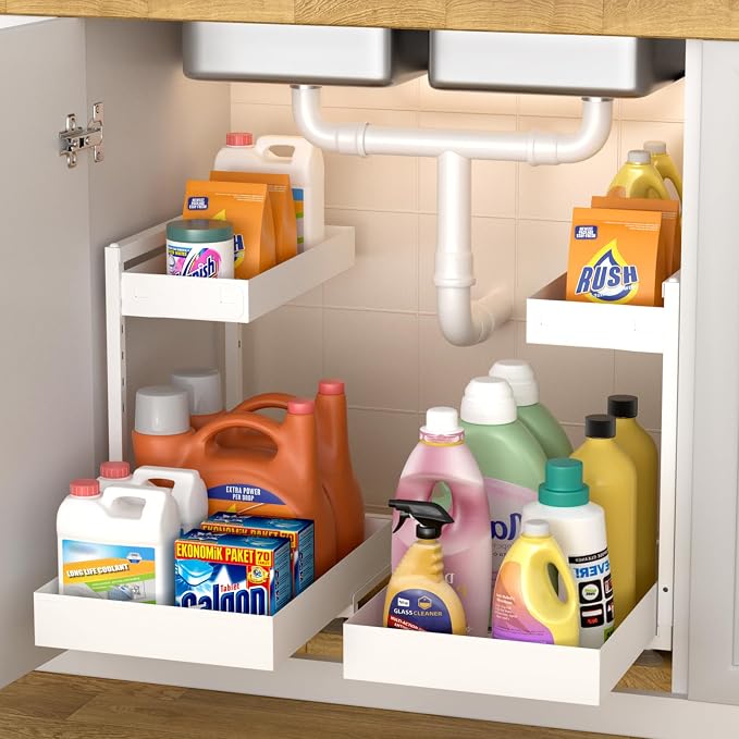 Under Sink Organizer, Bathroom Counter Organizer, 2 Packs 2-Tier Metal, Under Cabinet Storage, Makeup Storage, Adjustable Height & Slide-Out Drawer for Kitchen Bathroom, White - Image 7