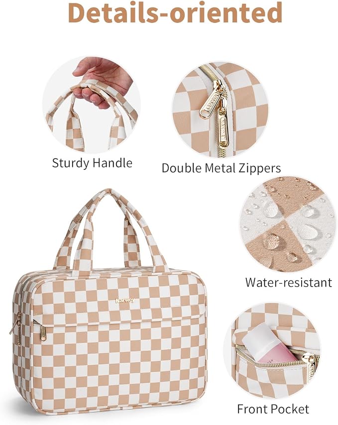 Narwey Hanging Travel Toiletry Bag for Women Checkered Makeup Bag Organizer Cosmetic Make up Toiletries Bag for Travel Essentials Accessories (Light Brown Checkerboard, Large) - Image 5