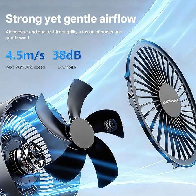 Portable Clip on Fan Rechargeable Mini for Desk Golf Camping Black | 4000mAh 20H Battery, Quiet Brushless Motor 4.5m/s, One-Click Shutdown, 3 Speeds, Detachable Cover, Type-C Charge, 360° Rotate - Image 5