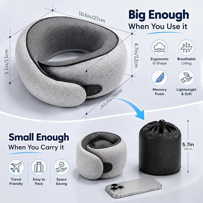 Purroch G-Shape Memory Foam Travel Neck Pillow, Medium Gray | 100% Pure Foam Ergonomic Support for Airplane Flights, Car Trips And Office Naps, Includes Eye Mask and Ear Plugs - Image 2