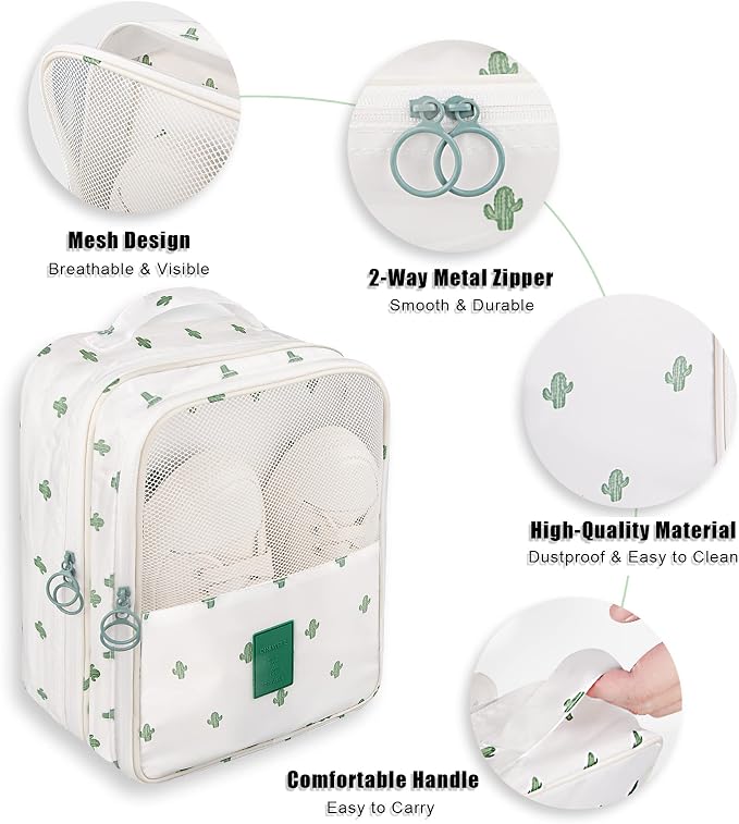 Travel Shoe Bag Waterproof Shoe Organizer Bag Holds 3 Pair of Shoes Shoe Packing Cube for Suitcase Travel and Daily Use Storage Pouch with Handle (Cactus) - Image 6