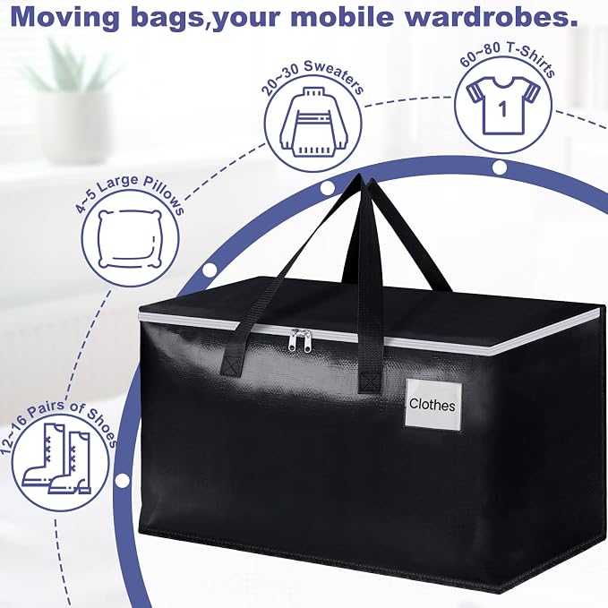 StorageRight Moving Bags, Moving Boxes, 93L 6-Pack Sotrage Bags Totes,Black | Heavy Duty Storage Bins with Lids, Zipper, Reinforced Handles, Tag Pocket, Foldable Moving Supplies for Collge, Dorm,Travel - Image 4
