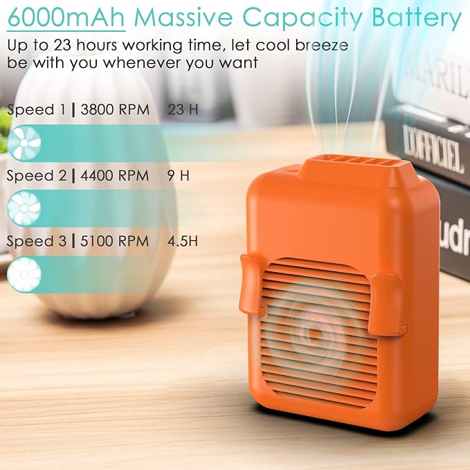 Portable Mini Waist Fan Clip on Belt, 6000mAh Rechargeable Battery Powered Wearable Body Fan With Max 23H Working Time, 3 Speeds, 5100RPM Strong Airflow for Jobsite Farm Fishing Gardening Camping - Image 3