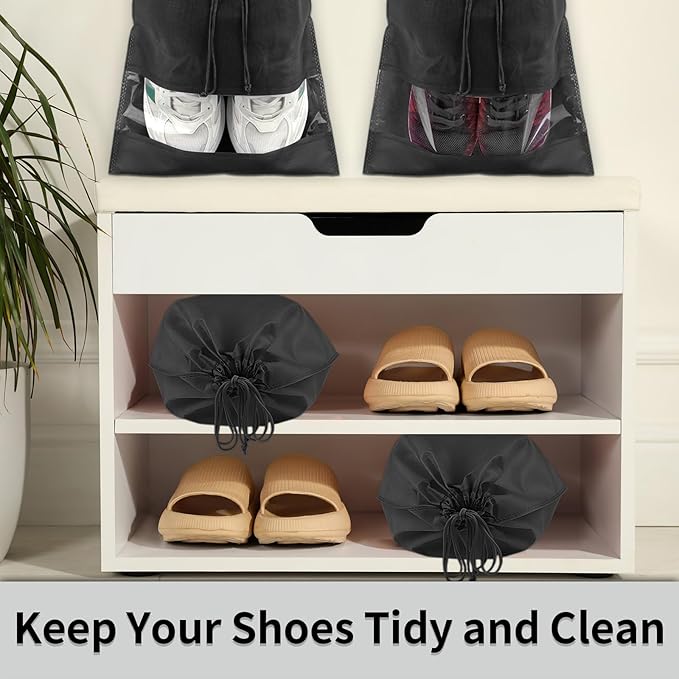 12 Pack Shoe Bags for Travel, Large Travel Shoe Bag for Packing with Window | Dustproof Drawstring Travel Shoe Storage Bags Travel Essentials for Men & Women, Black - Image 4