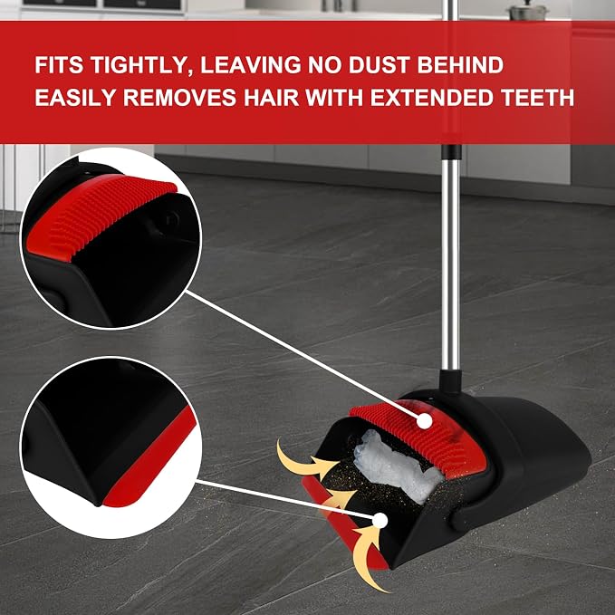 Red Broom and Dustpan Combo Set, 51" Long Handle Broom | Built-in Comb Dustpan for Pet Hair Removal, Foldable Upright Storage Design - Image 5