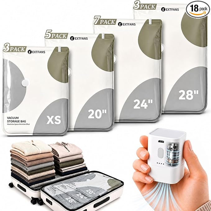 Travel Vacuum Bags with Electric Pump, 18 Pack XS/S/M/L Vacuum Seal Bags | up to 80% Space Saver Compression Packing Bags for Suitcase, Carry-On, Cruise, Dorm & Seasonal Storage by EXTFANS