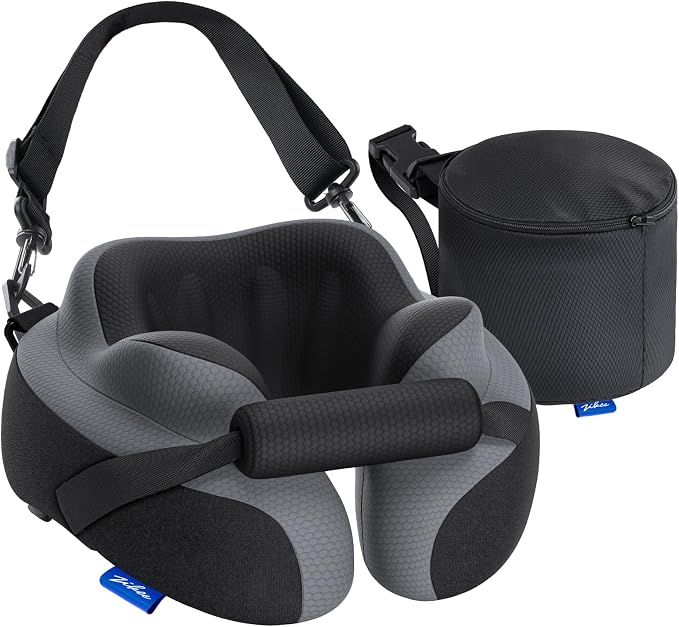 Ergonomic Travel Neck Pillow for Airplane, Dual-Hold Design to Stabilize Head and Neck on Flights, Ear-Free Memory Foam Airplane Travel Pillow, Quality Carrying Case, Breathable & Washable Cover by ZIKEE