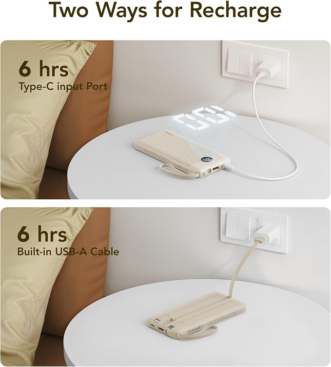 VRURC Portable Charger Power Bank,10000mAh Travel Essentials Battery Pack | Built-in 4 Cables, 5 Outputs 2 Inputs Slim USB C Charging Bank for All Cell Phones -Light Coffee(1 Pack) - Image 6