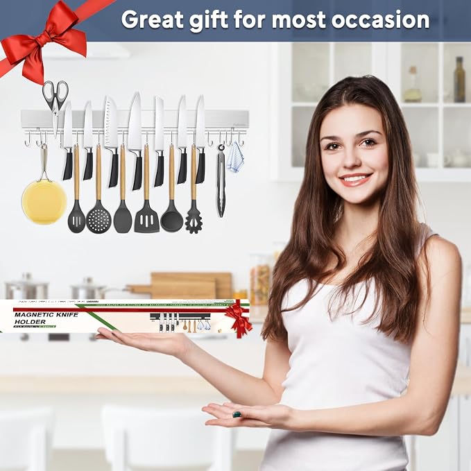 23 inch magnetic knife holder with 15 hooks, No Drilling knife magnetic strip and utensil hanger for wall, Powerful knife magnet rack include tape and screws - Image 6