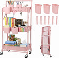 Amatic 3-Tier Folding Rolling Utility Cart with Wheels, Foldable Storage Cart Organizer with 3 Hanging Cups & 6 Hooks for Kitchen, Office, Living Room, Nursery(Pink) by Amatic