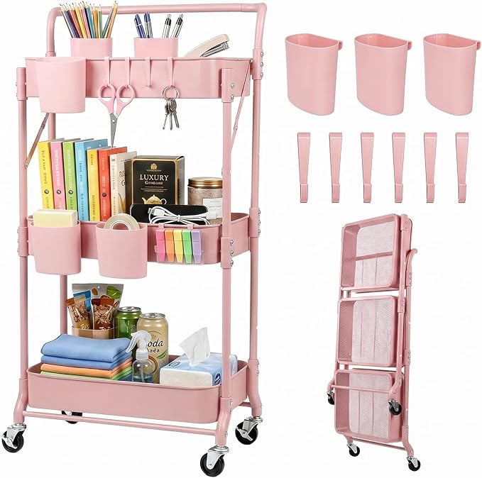 Amatic 3-Tier Folding Rolling Utility Cart with Wheels, Foldable Storage Cart Organizer with 3 Hanging Cups & 6 Hooks for Kitchen, Office, Living Room, Nursery(Pink) by Amatic
