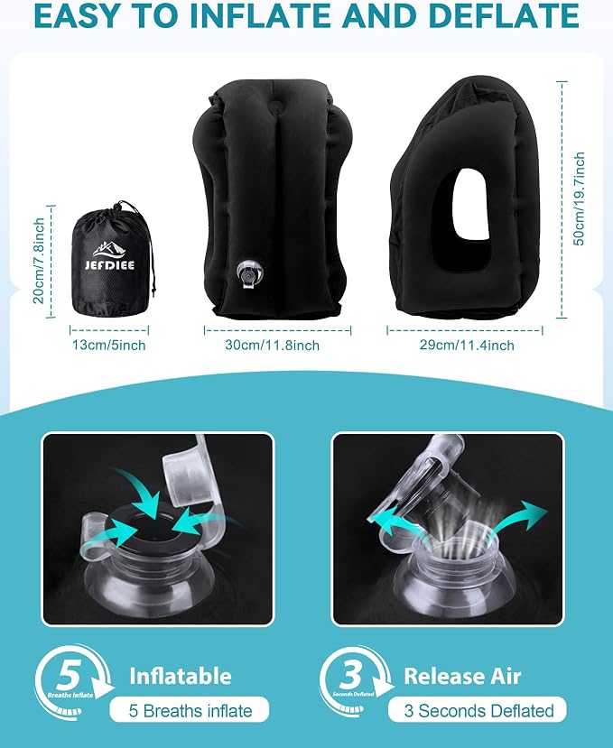 Inflatable Travel Pillow, Airplane Neck Pillow Comfortably Supports Head and Chin for Airplanes, Trains, Cars Office Napping on The Tray Table (Black) - Image 6