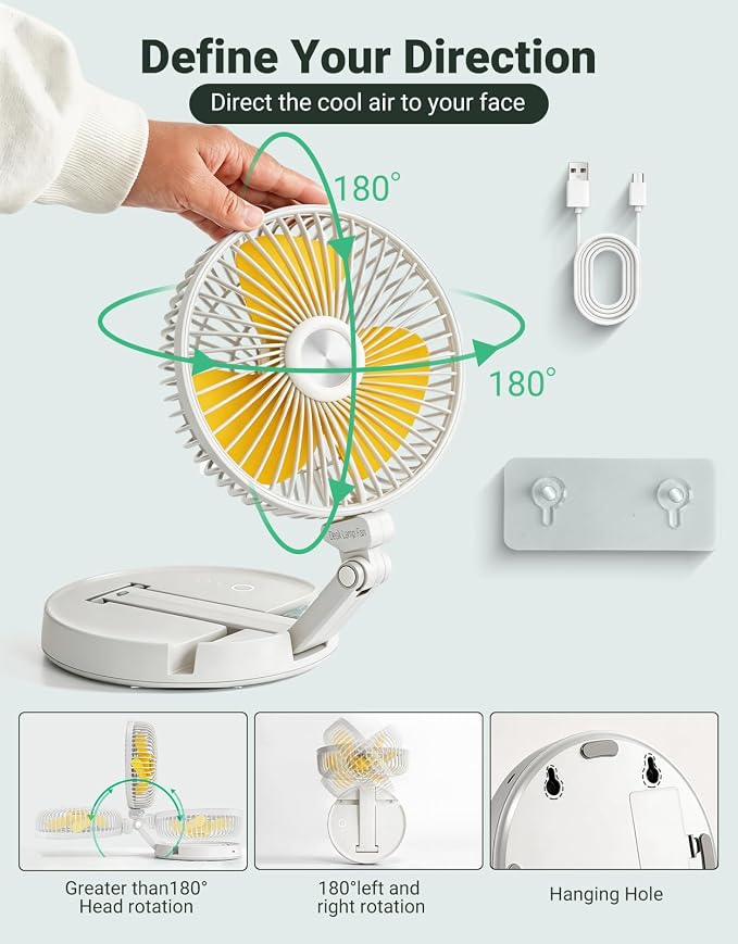 Portable Foldable Oscillating Fan, 6000mAh Battery Powered USB Rechargeable Fan, 16.1 Inches Wireless Desk Fan for Bedroom, Office, Camping and Travel, White - Image 4