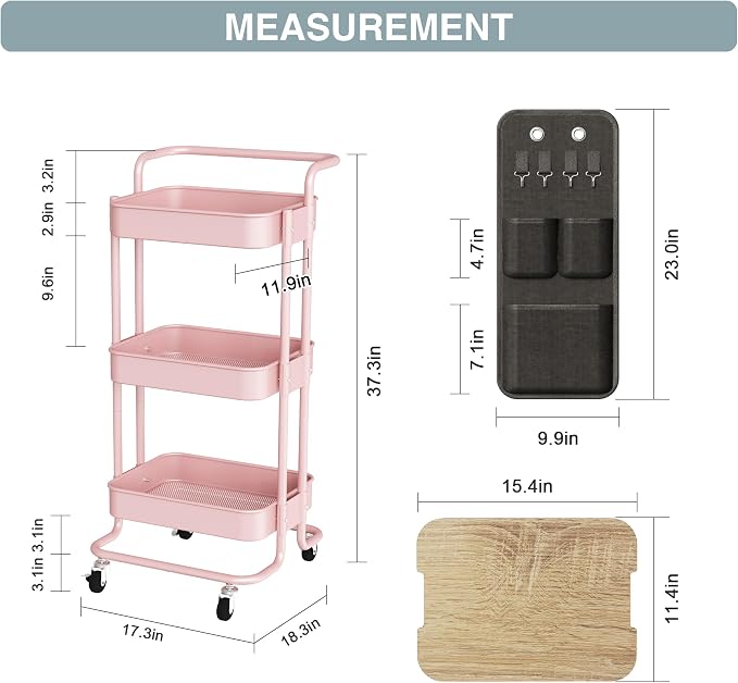 DTK 3-Tier Rolling Cart with Table Top, Metal Utility Cart with Side Bags | Tray Storage Organizer, Lockable Wheels, 4 Hooks, Art Cart for Kitchen, Bathroom, Office, Craft room, Living room, Pink - Image 7