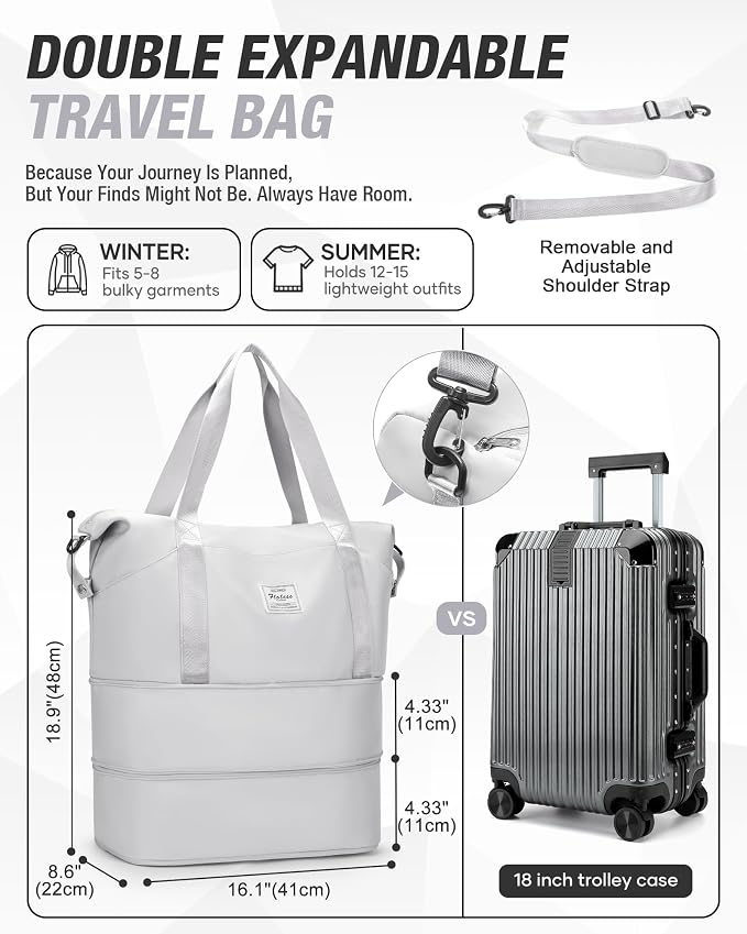 Expandable Travel Duffle Bag for Women Men, Large Gym Bag Travel Tote Bags, Waterproof Carry On Personal Item Bag Airline Approved, Overnight Workout Weekender Bag with Luggage Sleeve, Light Grey | Waterproof Carry On Personal Item Duffel Bag 40L Doubl... - Image 4
