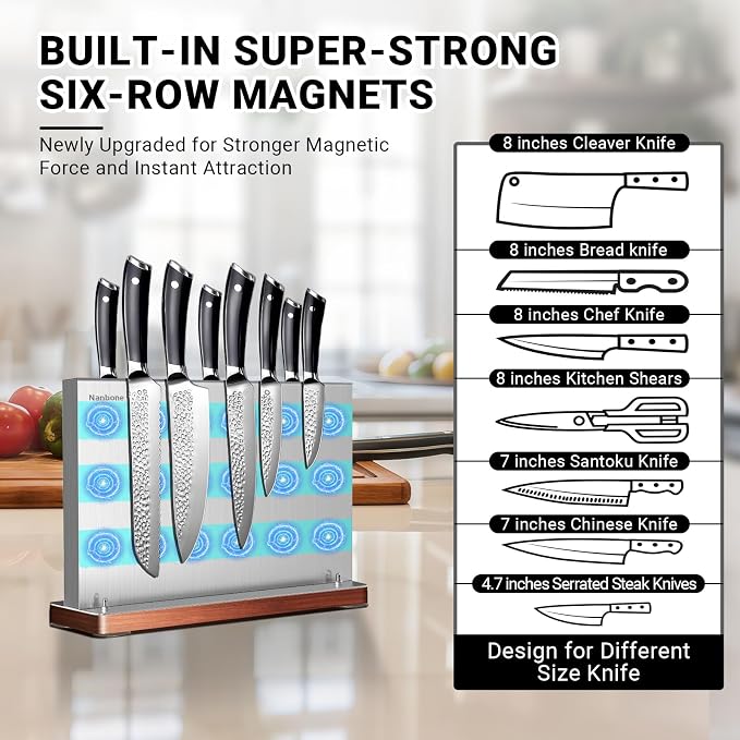 Magnetic Knife Block Stand Without Knives Double Sided Magnetic Knife Holder Rack for Kitchen Counter Stainless Steel Knife Magnetic Strip Display Stand Storage Organizer with Wood Base - Image 3