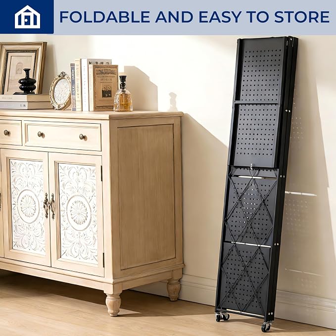 5 Tier Foldable Storage Shelf with Wheels, Heavy-Duty Metal Shelving Unit, No Assembly Book Shelf Rolling Storage Rack for Garage, Kitchen, Pantry, Closet, Exhibition, Office Decor, Black - Image 8