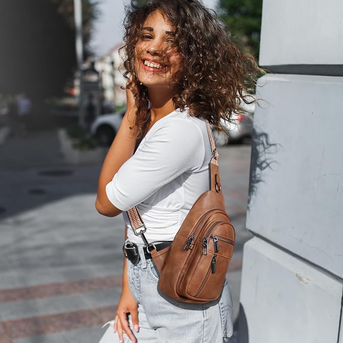 Anti-theft Sling Bags Women Small PU Leather Chest Fanny Pack | RFID Blocking,Safety Zipper,5 Card Slots,Adjustable Strap,Large Capacity,Multi Pockets,Faux Leather,Daypack,Bum Bags,Travel - Image 3