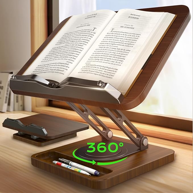 LOXP Ergonomic Book Stand for Reading, 360° Rotating Holder with Page Clip | Adjustable height angle, Storage Base, Hands-free, anti-slip, Fits tablets cookbooks magazines laptops, wood and metal by LOXP