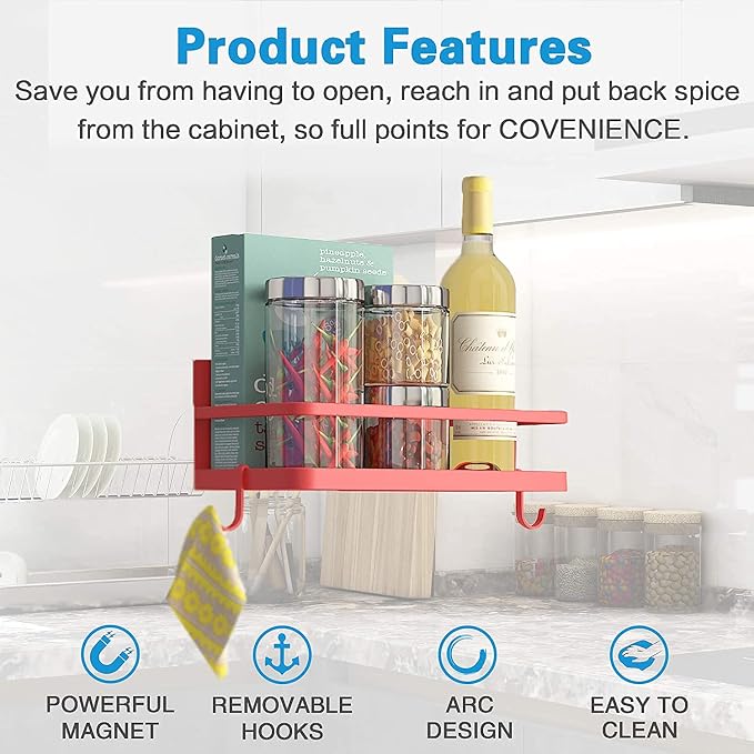 Magnetic Spice Rack Organizer Refrigerator Spice Storage Shelf（Red 2 pack with hook） - Image 2