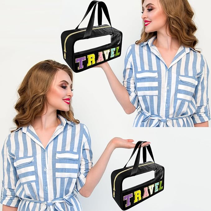 Bunliuys Chenille Letter Clear Makeup Bag Travel Patch, Travel Toiletry Makeup Bag with Handle, Nylon Waterproof Makeup Bags clear cosmetic bag, preppy patch makeup bag for Women (TRAVEL-Black) - Image 6