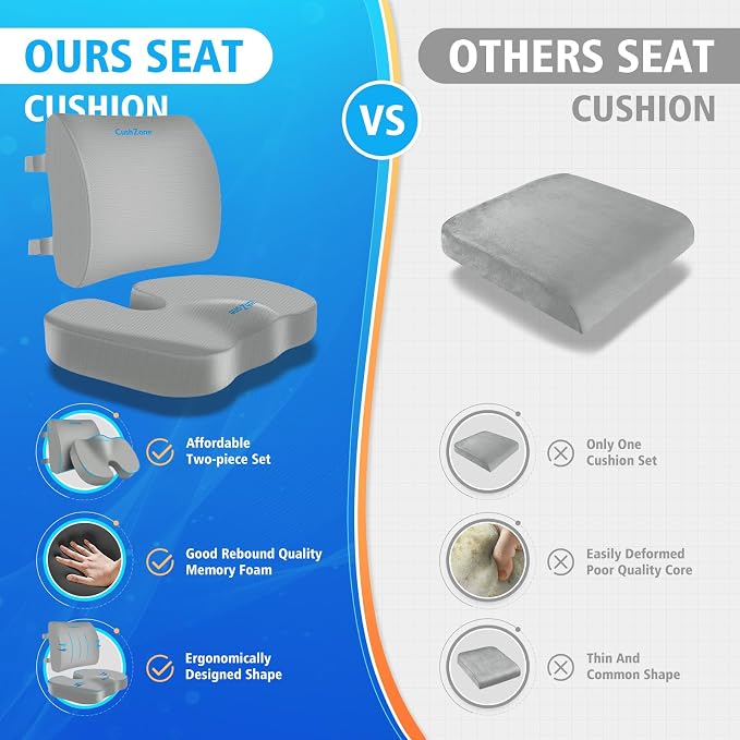 CushZone X-Large Seat Cushion and Lumbar Pillow for Office Chair Light Grey | Thick Memory Foam for Sciatica Pain Relief & Posture Correction, Non-Slip Chair Cushions for Car, Wheelchair and Travel - Image 8