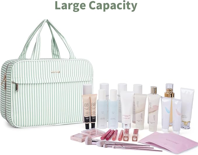 Narwey Striped Hanging Travel Toiletry Bag, Makeup Bag Organizer Make up Toiletries Bags for Full Size Essentials, Accessories, Brushes, Cosmetics (Mint Green Stripe, Large) - Image 6