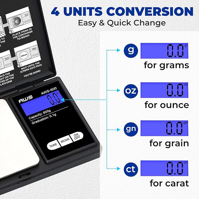 American Weigh Scales Digital Pocket Scale 600g x 0.1g with LCD Display Gram, Ounce, Carat, Grain for Coins, Jewellery, Gemstones, Metals, Kitchen, Food & Medicines – Black - Image 8