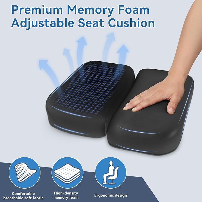 Adjustable Seat Cushion, Memory Foam Office Chair Cushion, Car Seat Cushion, Foldable Travel Cushion for Tailbone Pain, Sciatica Pain Relief, Lifting Cushion for Sitting, Driving, Traveling(Small) - Image 3