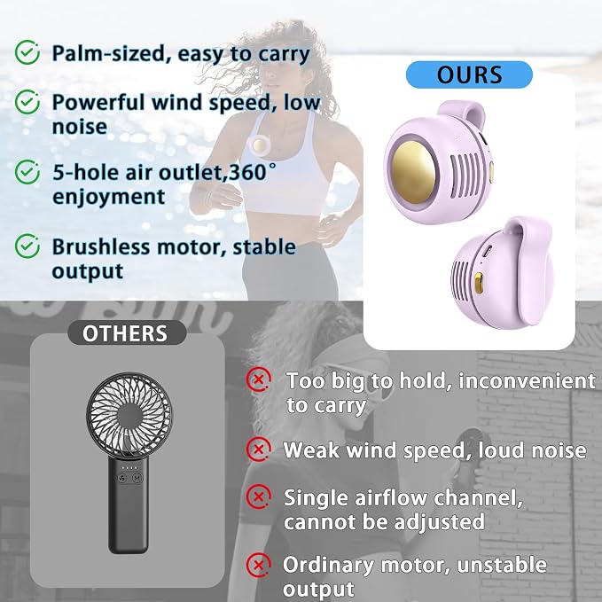 Portable Clip-On Fan, Mini USB Rechargeable 360° Rotatable Fan, Personal Fan 3-Speed Silent Mini Bladeless Fans (1 pack(Purple)) - Image 5