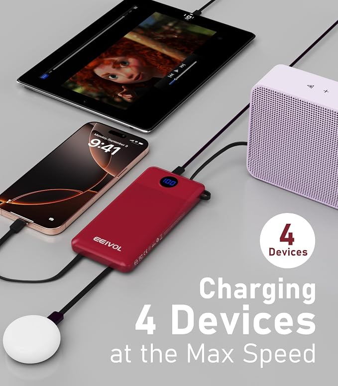 Portable Charger with Built in Cables, Slim 10000mAh Power Bank, USB C Battery Pack Travel, 4 Output 2 Input External Charging Bank for iPhone 17/16/15/14/13,Samsung, Android, etc-Red(1 Pack) - Image 2