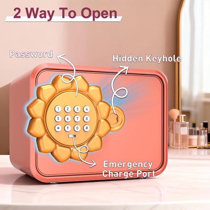 Pink Sunflower Mini Steel Safe with Auto Door & Coin Slot, Small Safe Box for Cash, Jewelry, Personal, Cosmetics & Goal Savings, for Kids, Teens & Renters, Home, Office, Hotel Use - Image 3