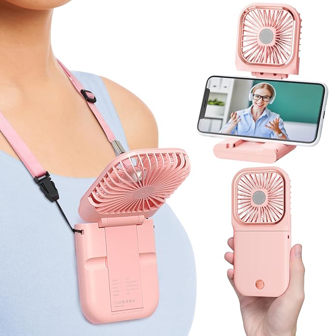 F-color Portable Handheld Fan - Small Hanging Neck Fan Travel Use, Pink | Foldable Handle, Rechargeable Airflow Helps Cool Commutes, Beach Days, Desk Time, Outdoor Lines, Travel and Summer Walks by F-color